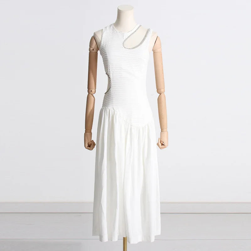 OUDINA New Spring French Round Neck Hollow Waist Long Pleated Dresses Elegant Women Casual Dress