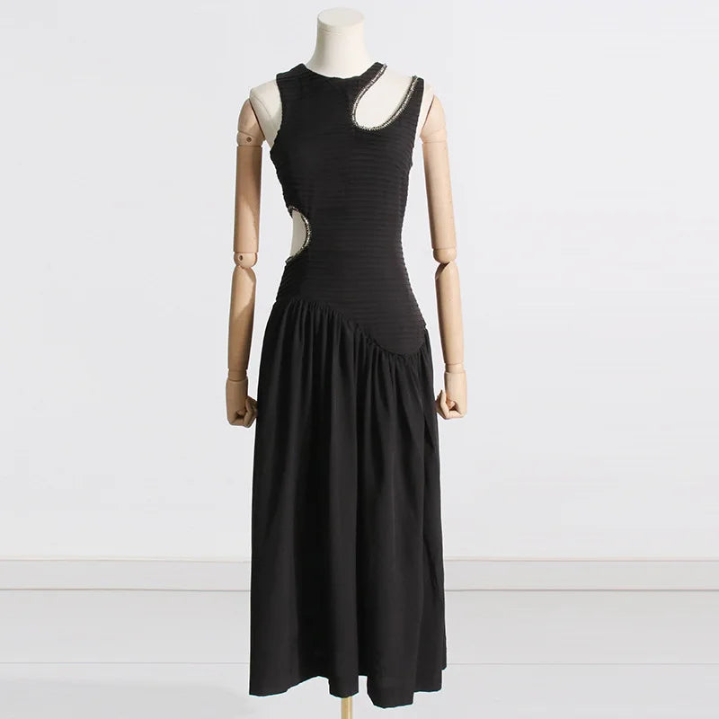OUDINA New Spring French Round Neck Hollow Waist Long Pleated Dresses Elegant Women Casual Dress