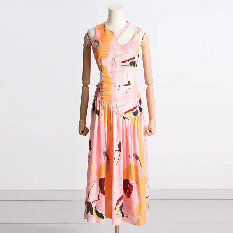 OUDINA New Spring French Round Neck Hollow Waist Long Pleated Dresses Elegant Women Casual Dress