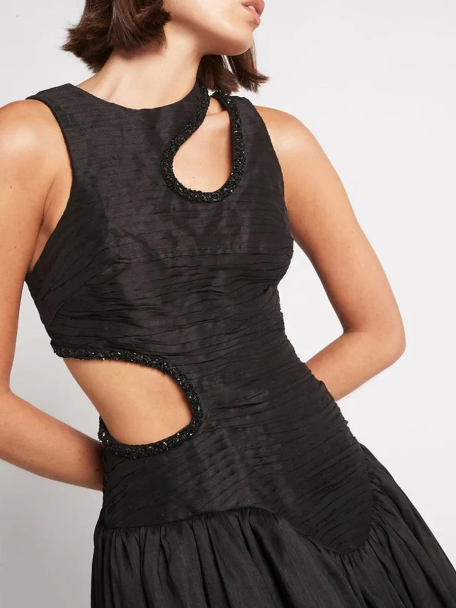 OUDINA New Spring French Round Neck Hollow Waist Long Pleated Dresses Elegant Women Casual Dress