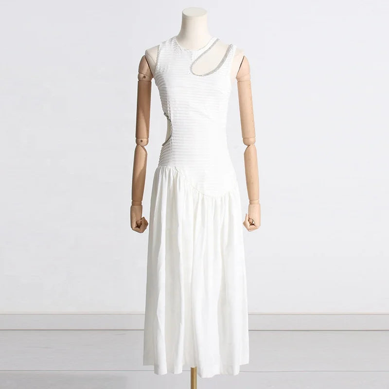 OUDINA New Spring French Round Neck Hollow Waist Long Pleated Dresses Elegant Women Casual Dress