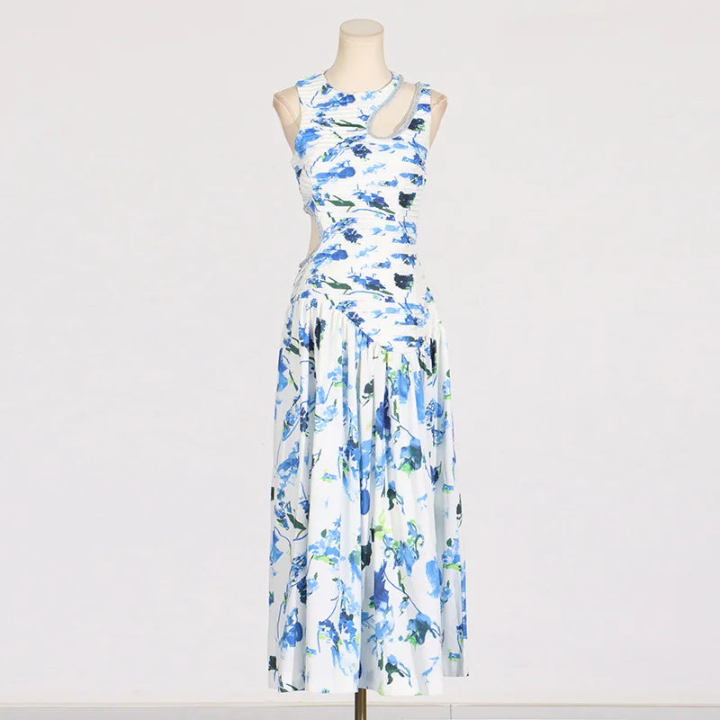 OUDINA New Spring French Round Neck Hollow Waist Long Pleated Dresses Elegant Women Casual Dress