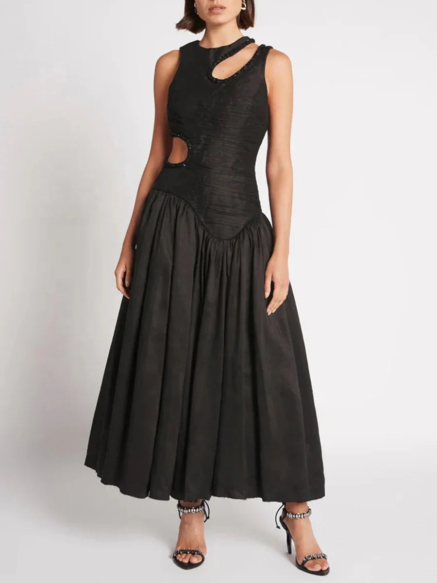 OUDINA New Spring French Round Neck Hollow Waist Long Pleated Dresses Elegant Women Casual Dress