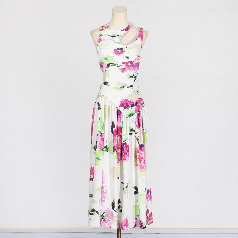 OUDINA New Spring French Round Neck Hollow Waist Long Pleated Dresses Elegant Women Casual Dress