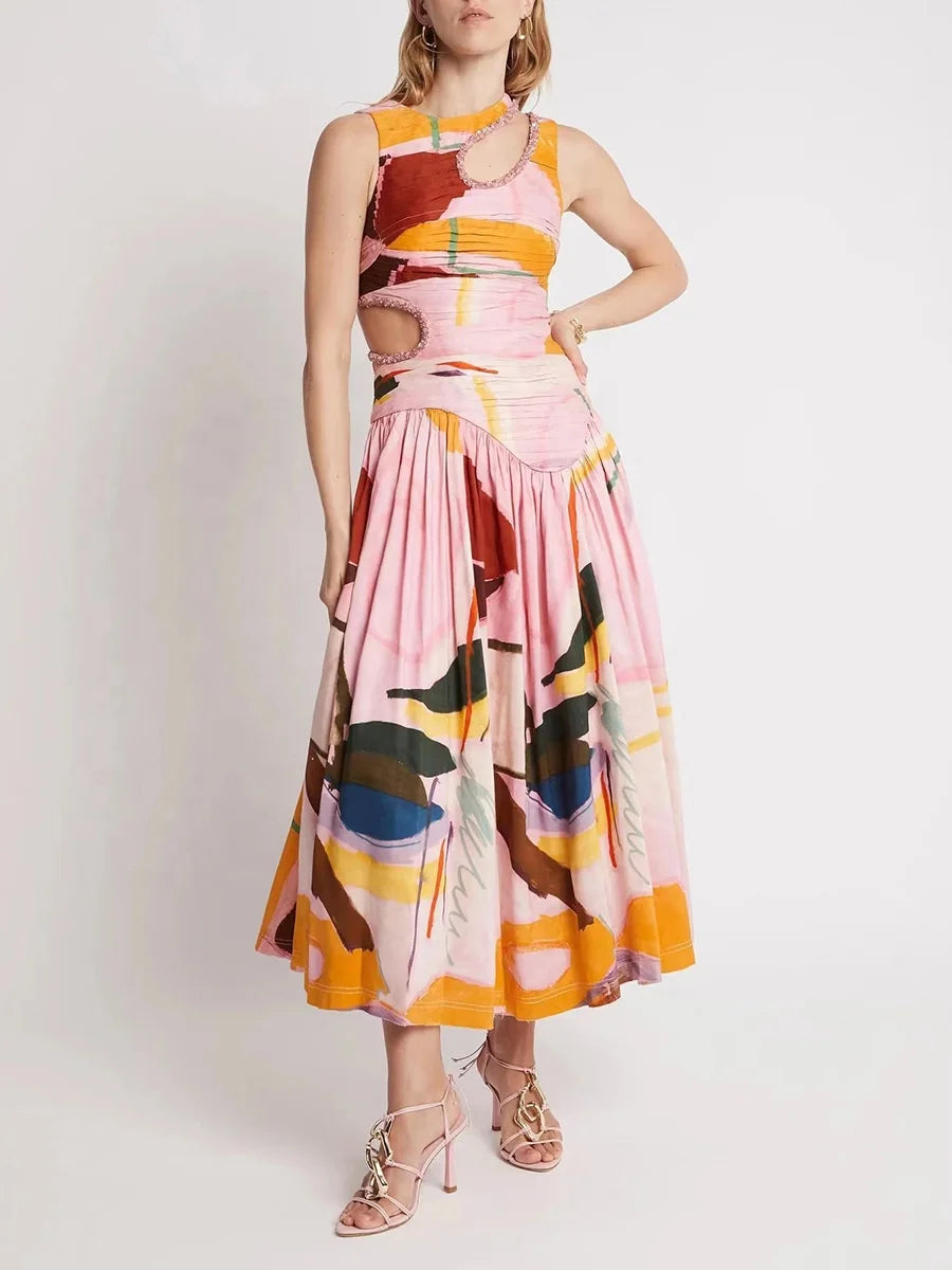 OUDINA New Spring French Round Neck Hollow Waist Long Pleated Dresses Elegant Women Casual Dress