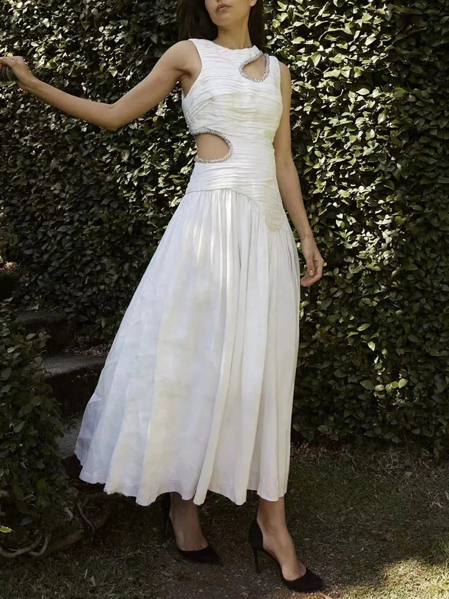 OUDINA New Spring French Round Neck Hollow Waist Long Pleated Dresses Elegant Women Casual Dress