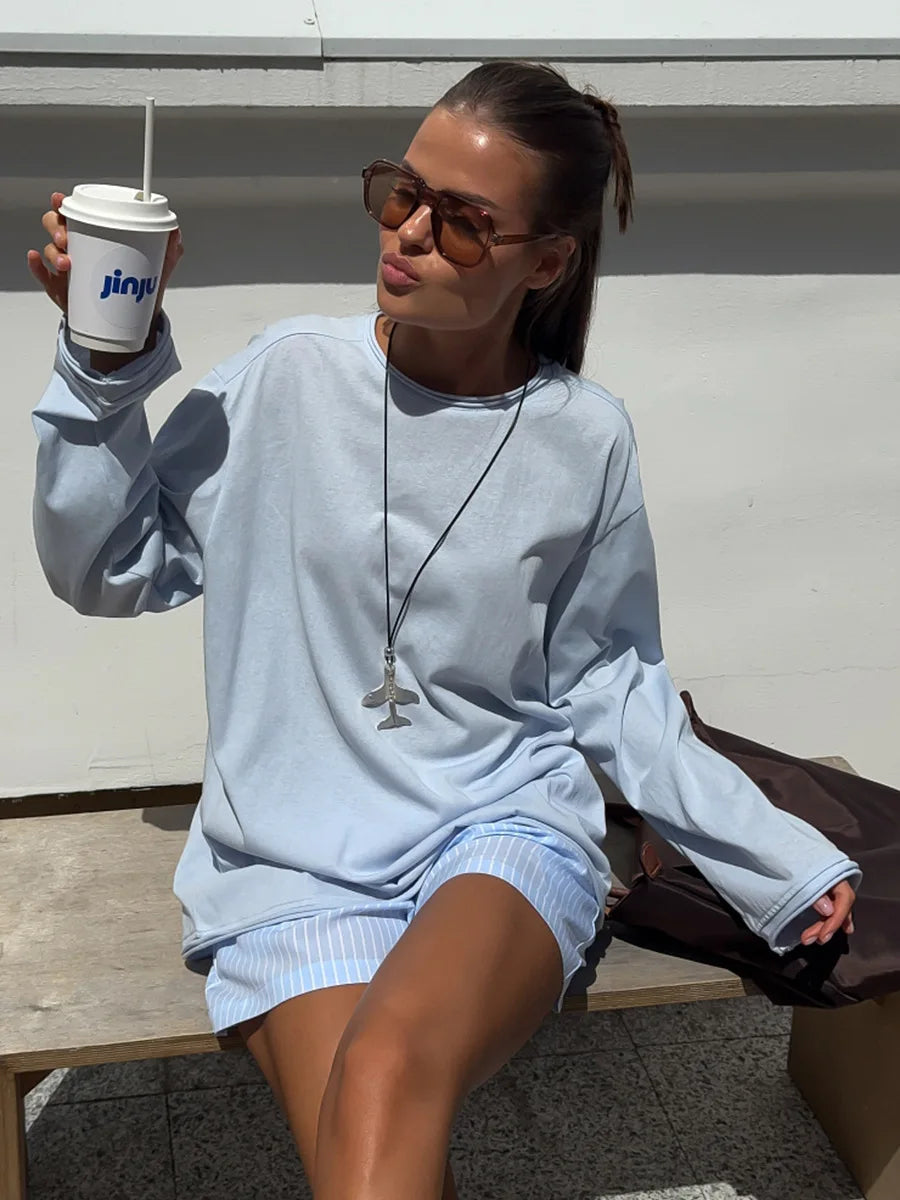 New O-neck Long Sleeve T - Shirt Soft Fabric Oversized Trendy Knot Front Spring Autumn Fashion Tops