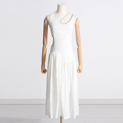 OUDINA New Spring French Round Neck Hollow Waist Long Pleated Dresses Elegant Women Casual Dress