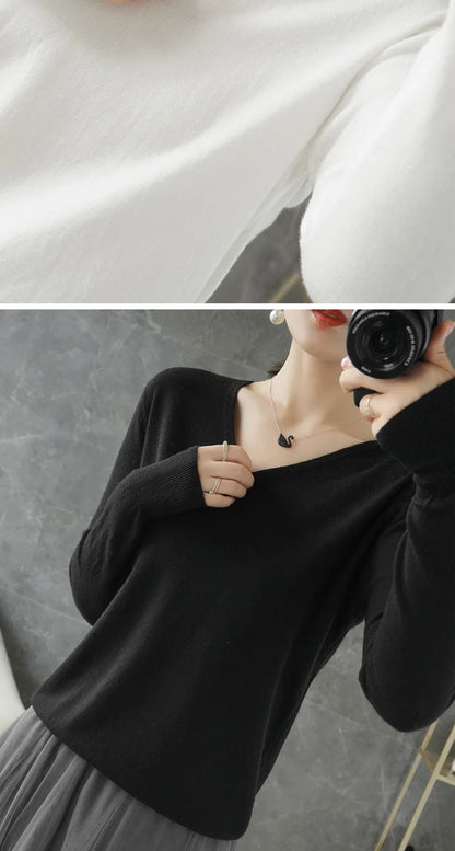 Women’s V-Neck Knit Sweater – Autumn Winter Long Sleeve Loose Cashmere Pullover Jumper