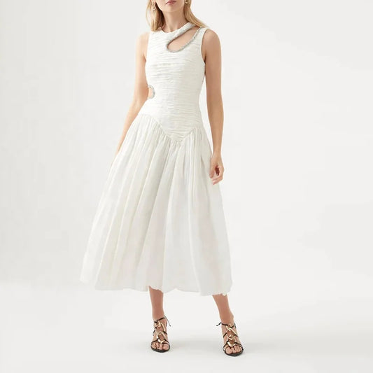 OUDINA New Spring French Round Neck Hollow Waist Long Pleated Dresses Elegant Women Casual Dress