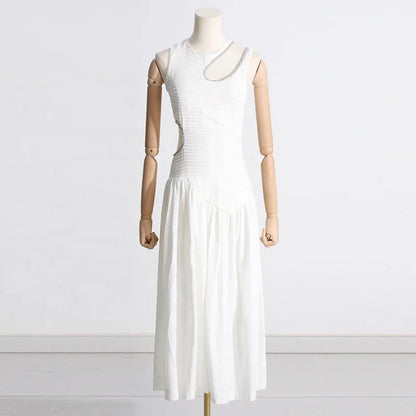 OUDINA New Spring French Round Neck Hollow Waist Long Pleated Dresses Elegant Women Casual Dress