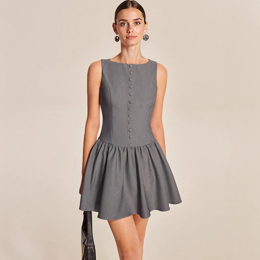 Boutique Wholesale 2025 Summer New Fashionable Round Neck Sleeveless Casual Ruffled Elegant Women's Dress