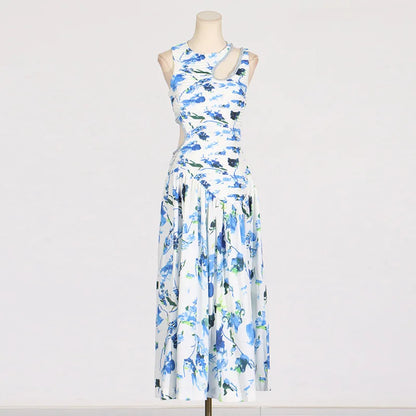 OUDINA New Spring French Round Neck Hollow Waist Long Pleated Dresses Elegant Women Casual Dress
