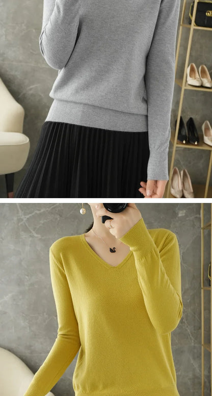 Women’s V-Neck Knit Sweater – Autumn Winter Long Sleeve Loose Cashmere Pullover Jumper
