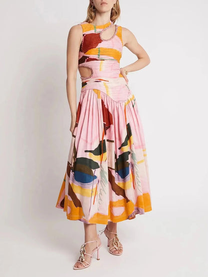 OUDINA New Spring French Round Neck Hollow Waist Long Pleated Dresses Elegant Women Casual Dress
