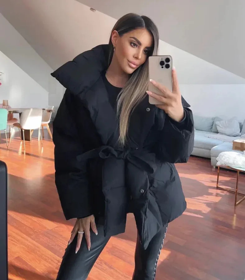 Fashion Lace Up Cotton Jacket Women Casual Stand Collar Single Breasted Pocket Loose Outerwear Lady Winter Daily Street Jackets