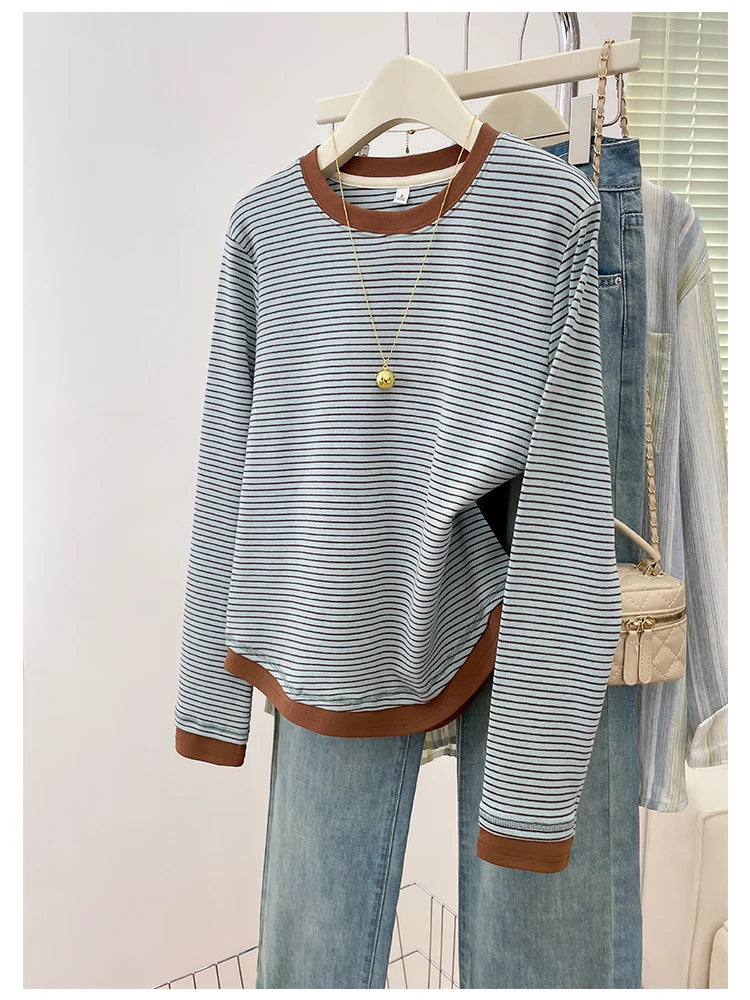 Autumn 2025 Plus Size Women’s T-Shirt – Casual Long Sleeve Patchwork Asymmetrical Slim Fit Cotton Top