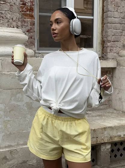 New O-neck Long Sleeve T - Shirt Soft Fabric Oversized Trendy Knot Front Spring Autumn Fashion Tops