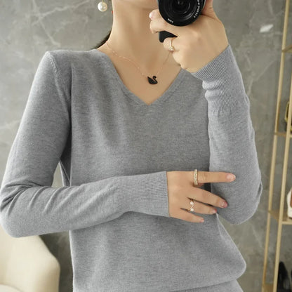Women’s V-Neck Knit Sweater – Autumn Winter Long Sleeve Loose Cashmere Pullover Jumper