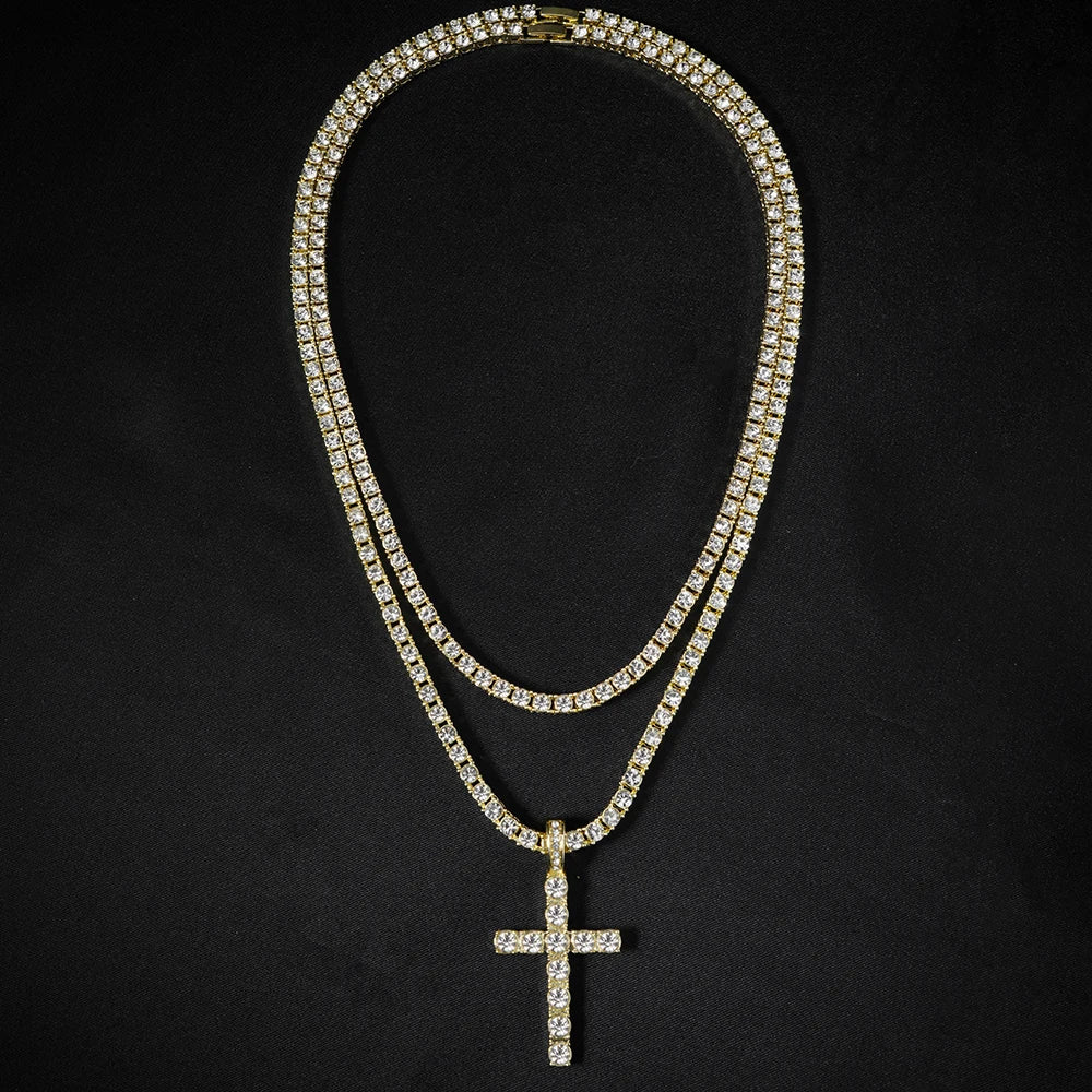Iced Out Cross Pendant with 4mm Tennis Chain – Unisex Luxury Necklace