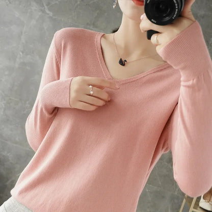 Women’s V-Neck Knit Sweater – Autumn Winter Long Sleeve Loose Cashmere Pullover Jumper