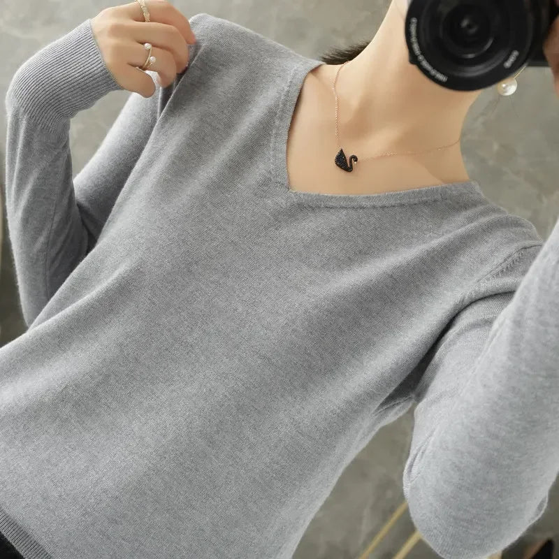 Women’s V-Neck Knit Sweater – Autumn Winter Long Sleeve Loose Cashmere Pullover Jumper