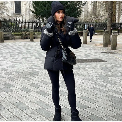 Fashion Lace Up Cotton Jacket Women Casual Stand Collar Single Breasted Pocket Loose Outerwear Lady Winter Daily Street Jackets