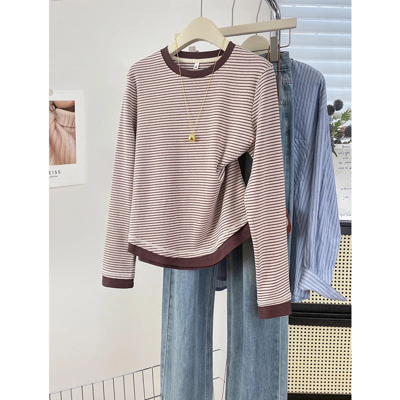 Autumn 2025 Plus Size Women’s T-Shirt – Casual Long Sleeve Patchwork Asymmetrical Slim Fit Cotton Top