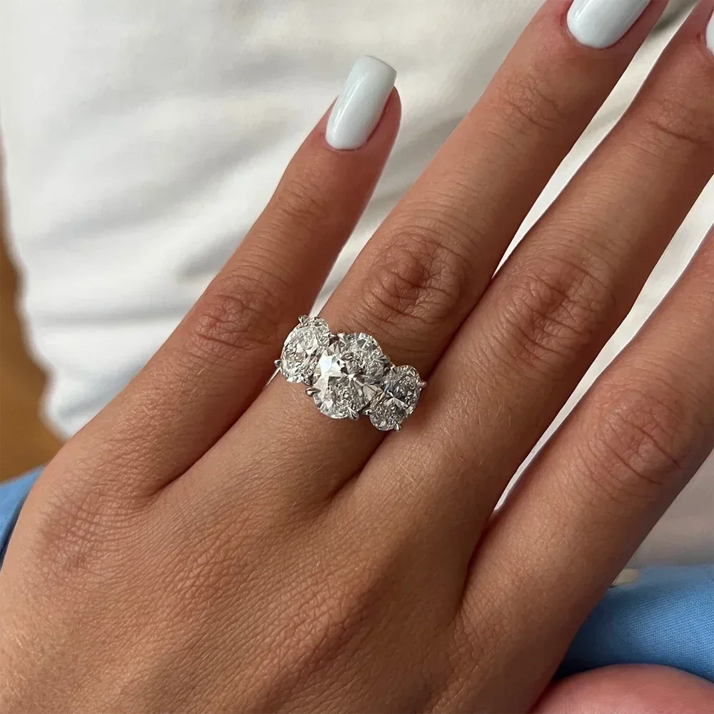 Women’s Certified Oval Moissanite Engagement Ring – 3-Stone 925 Silver Jewelry