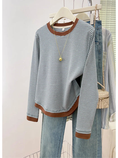 Autumn 2025 Plus Size Women’s T-Shirt – Casual Long Sleeve Patchwork Asymmetrical Slim Fit Cotton Top