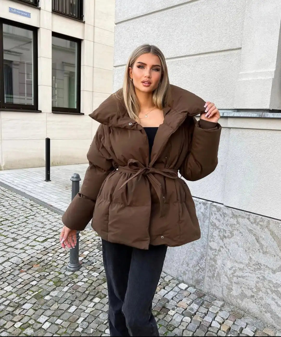 Fashion Lace Up Cotton Jacket Women Casual Stand Collar Single Breasted Pocket Loose Outerwear Lady Winter Daily Street Jackets