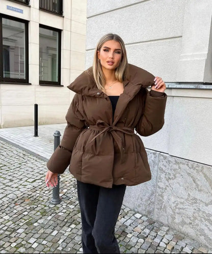 Fashion Lace Up Cotton Jacket Women Casual Stand Collar Single Breasted Pocket Loose Outerwear Lady Winter Daily Street Jackets