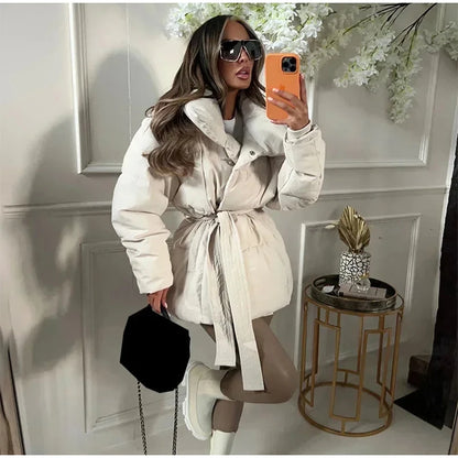 Fashion Lace Up Cotton Jacket Women Casual Stand Collar Single Breasted Pocket Loose Outerwear Lady Winter Daily Street Jackets