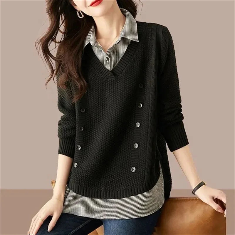 2025 Spring Autumn Women’s Knit Sweater – Loose Korean Style Long Sleeve Pullover with Spliced Shirt Collar