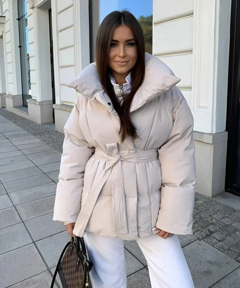 Fashion Lace Up Cotton Jacket Women Casual Stand Collar Single Breasted Pocket Loose Outerwear Lady Winter Daily Street Jackets