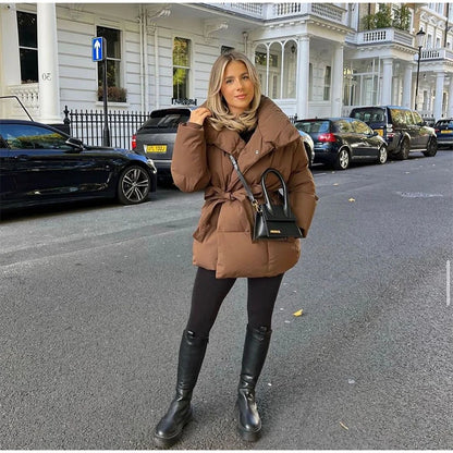 Fashion Lace Up Cotton Jacket Women Casual Stand Collar Single Breasted Pocket Loose Outerwear Lady Winter Daily Street Jackets