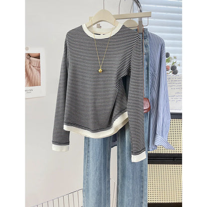 Autumn 2025 Plus Size Women’s T-Shirt – Casual Long Sleeve Patchwork Asymmetrical Slim Fit Cotton Top