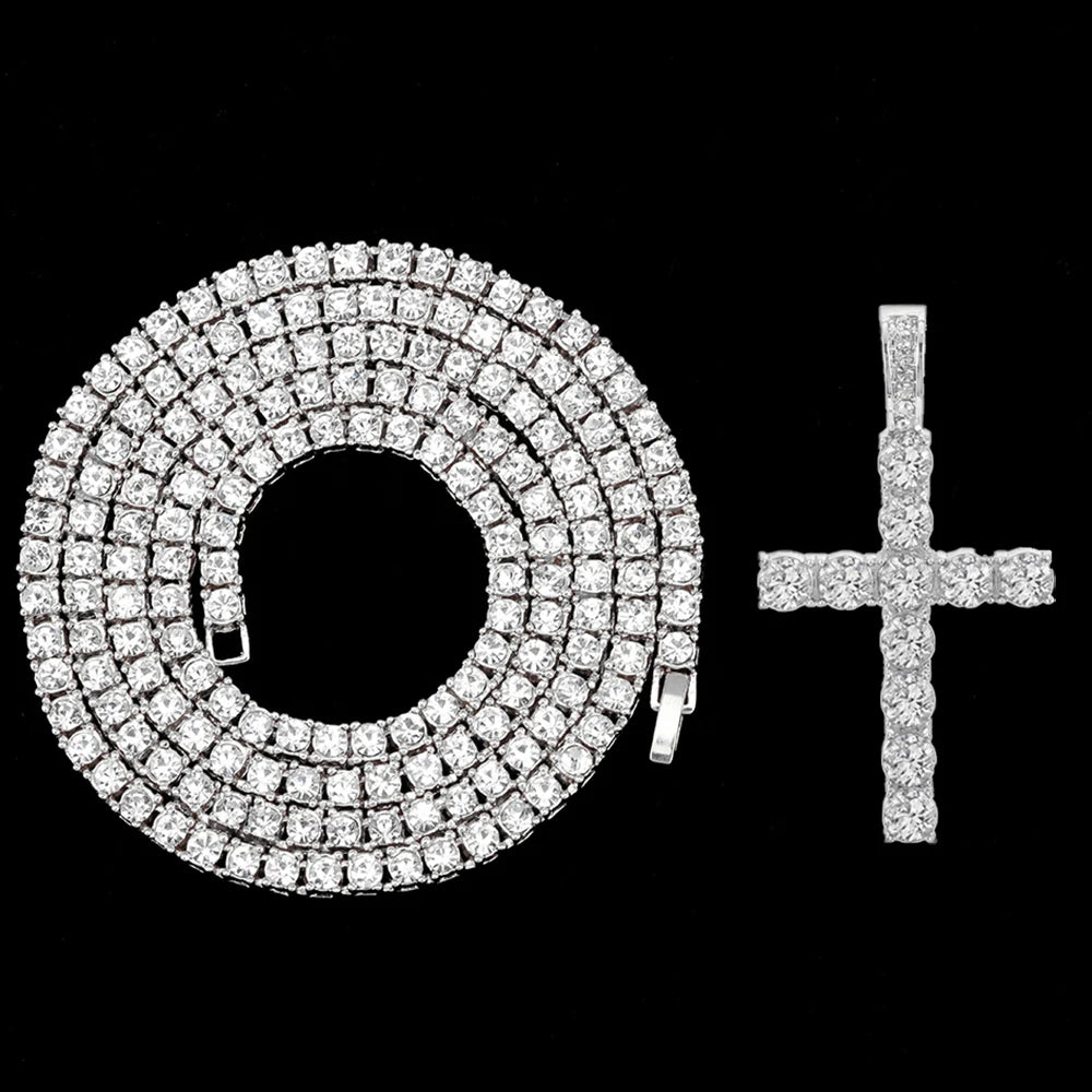 Iced Out Cross Pendant with 4mm Tennis Chain – Unisex Luxury Necklace