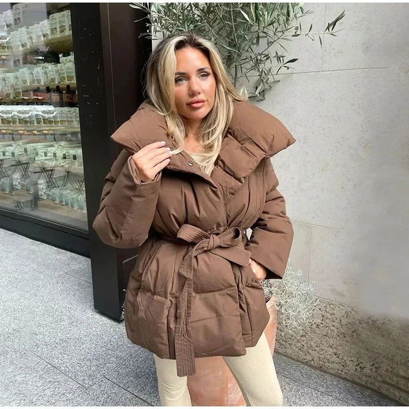 Fashion Lace Up Cotton Jacket Women Casual Stand Collar Single Breasted Pocket Loose Outerwear Lady Winter Daily Street Jackets
