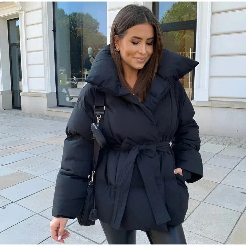 Fashion Lace Up Cotton Jacket Women Casual Stand Collar Single Breasted Pocket Loose Outerwear Lady Winter Daily Street Jackets