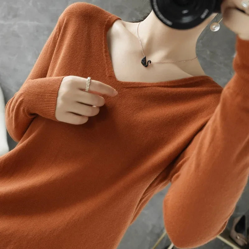 Women’s V-Neck Knit Sweater – Autumn Winter Long Sleeve Loose Cashmere Pullover Jumper