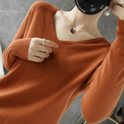 Women’s V-Neck Knit Sweater – Autumn Winter Long Sleeve Loose Cashmere Pullover Jumper