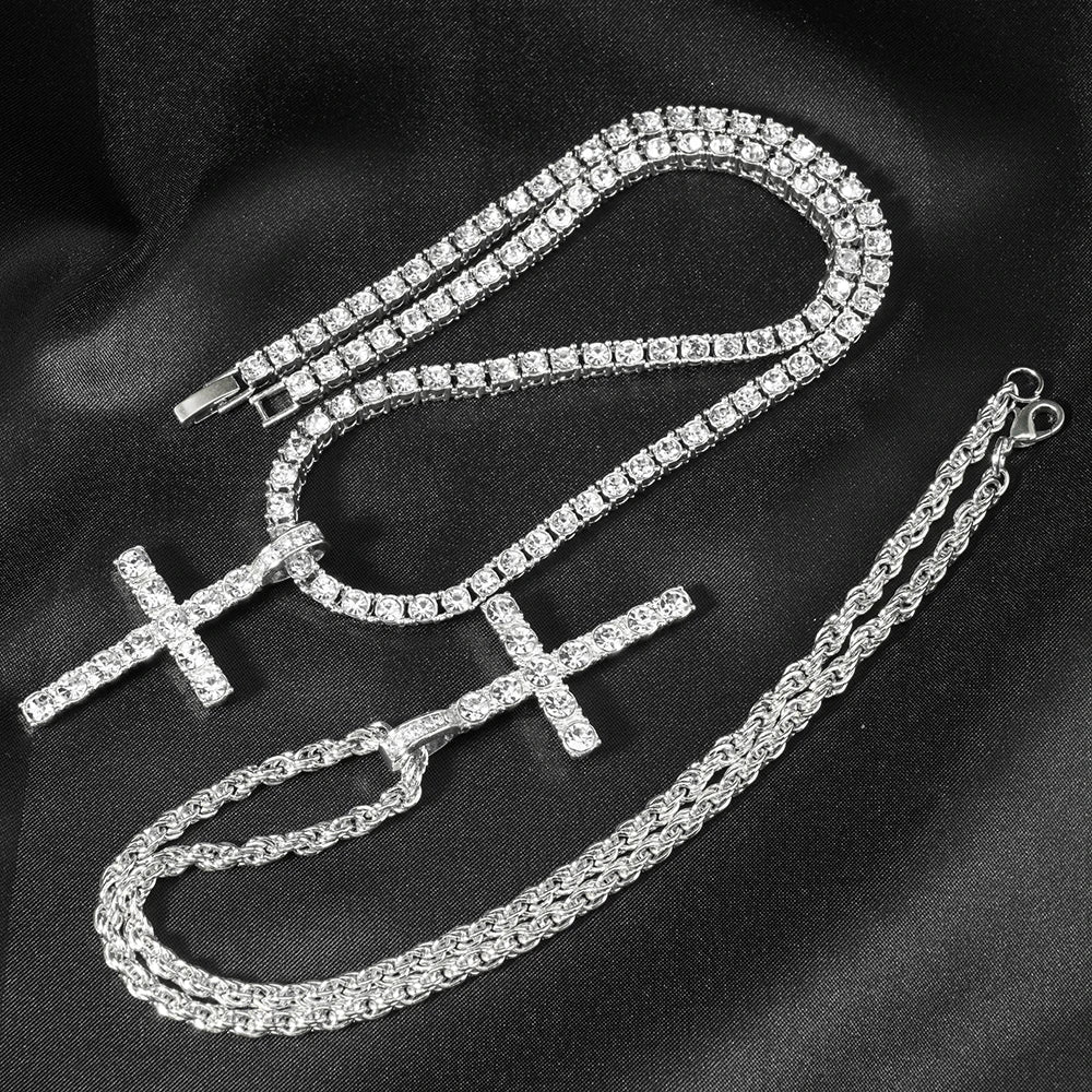 Iced Out Cross Pendant with 4mm Tennis Chain – Unisex Luxury Necklace
