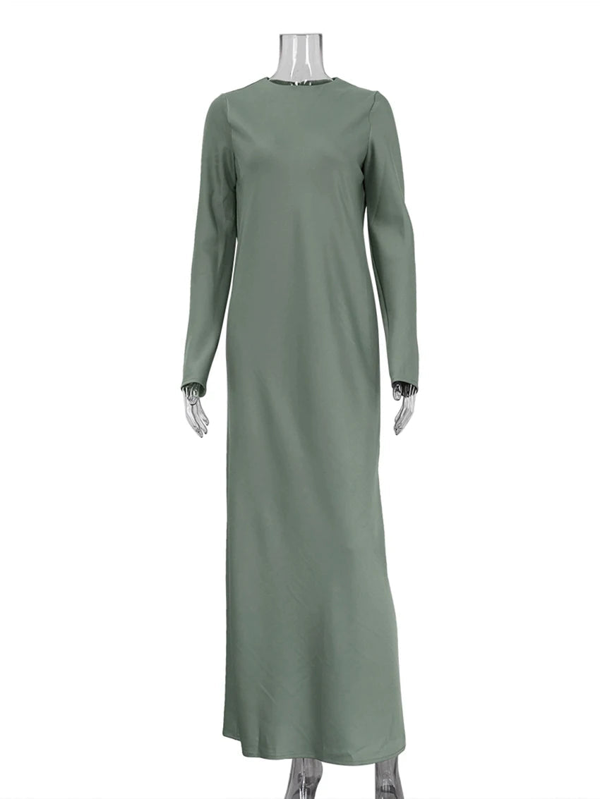 Casual Black/Green Satin Women'S Dress 2025 Fashion O-Neck Long Sleeve Ankle Length Dresses Elegant Classic Solid Female Dress