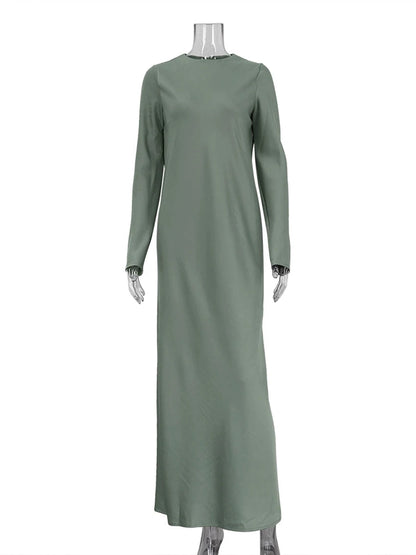 Casual Black/Green Satin Women'S Dress 2025 Fashion O-Neck Long Sleeve Ankle Length Dresses Elegant Classic Solid Female Dress
