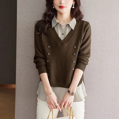 2025 Spring Autumn Women’s Knit Sweater – Loose Korean Style Long Sleeve Pullover with Spliced Shirt Collar