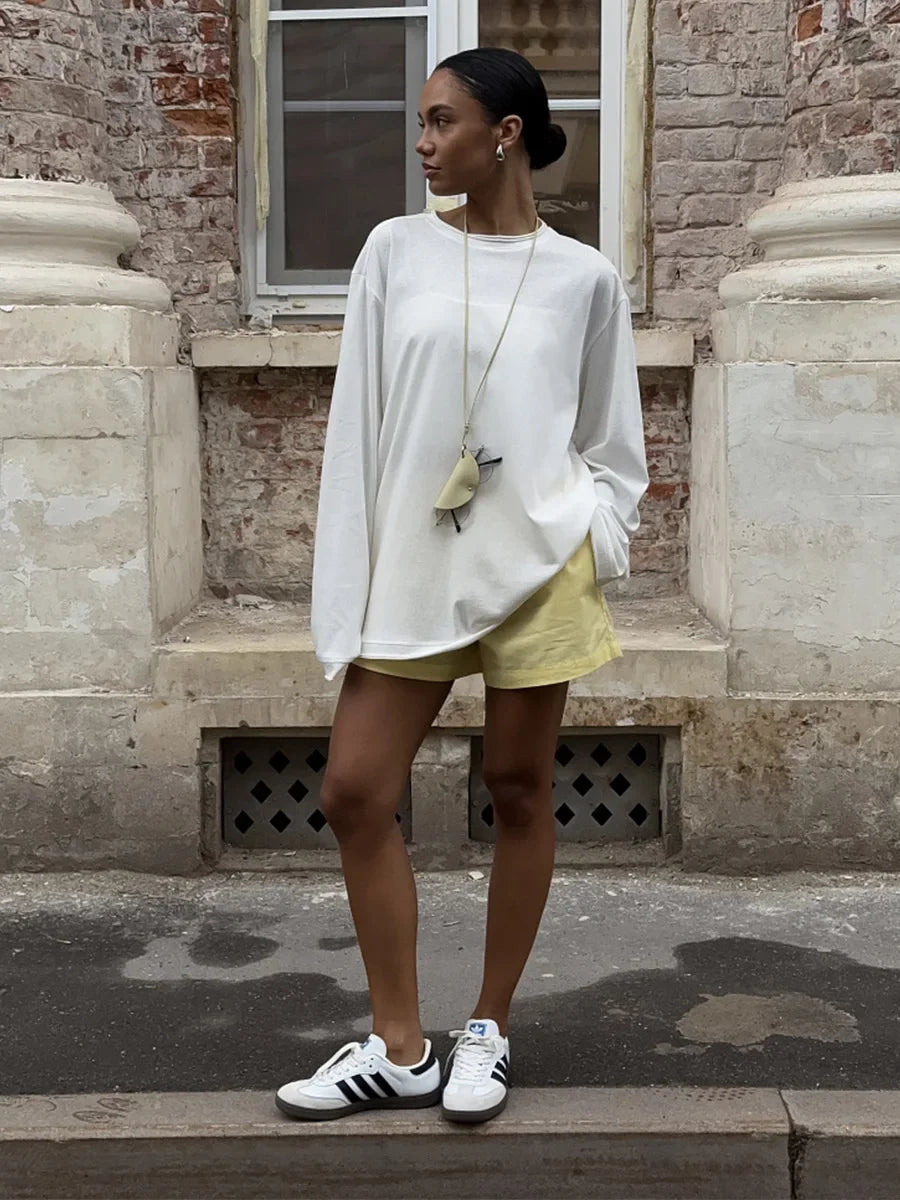 New O-neck Long Sleeve T - Shirt Soft Fabric Oversized Trendy Knot Front Spring Autumn Fashion Tops