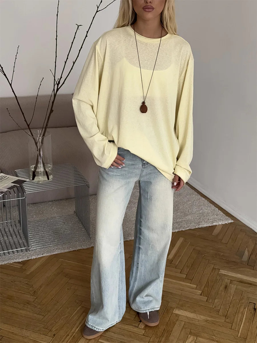 New O-neck Long Sleeve T - Shirt Soft Fabric Oversized Trendy Knot Front Spring Autumn Fashion Tops