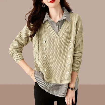 2025 Spring Autumn Women’s Knit Sweater – Loose Korean Style Long Sleeve Pullover with Spliced Shirt Collar