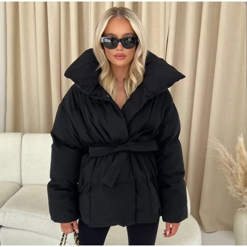 Fashion Lace Up Cotton Jacket Women Casual Stand Collar Single Breasted Pocket Loose Outerwear Lady Winter Daily Street Jackets